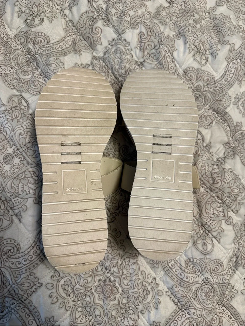 Dolce Vita Cream Platform Slide Sandals with Gold Buckles